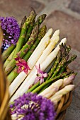 Various types of asparagus in a basket