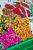 Bouquets of ranunculus & tulips on flower market (Netherlands)