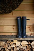 Pair of boots on board shelf above stacked firewood
