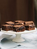 Chocolate Brownies on Wooden Pedestal Dish