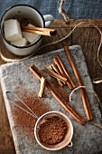 Ingredients for making cocoa with marshmallows and cinnamon sticks