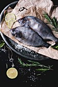 Two seabream fish with rosemary, lime and sea salt served on baking paper