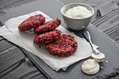 Beetroot cakes with coconut and creamy horseradish