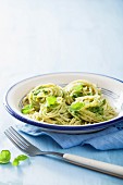 Spaghetti al pesto (spaghetti with green pesto, Italy)