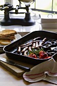 English breakfast with sausages, mushrooms, tomatoes and toast