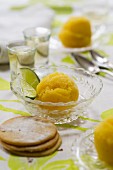 Orange and lime sorbet in glass bowls