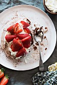 Angegessene Schokoladen-Pavlova mit Erdbeeren und Sahne