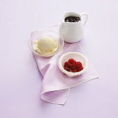 Ice cream with raspberries and chocolate sauce