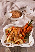 Larded pheasant breast on a carrot medley with apple sauce