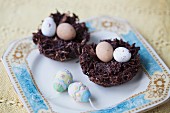 Chocolate Easter eggs in chocolate nests