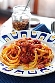 Bucatini all Amatriciana (pasta with pancetta, tomatoes and chilli sauce, Italy)
