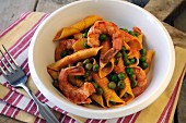 Garganelli with prawns, peas and a creamy tomato sauce