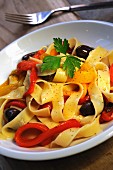 Tagliatelle with roast peppers and olives