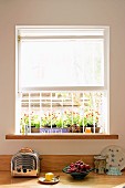 Küchenarbeitsplatte mit Retro Toaster und Obstschale vor vergittertem Fenster mit halbgeschlossenem Rollo, draußen Blumenkasten auf Fensterbank