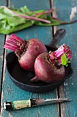Beetroot in a black cast iron pan