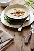 Leek and potato soup with chorizo and spring onions