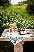Picnic and sparkling wine on stone bench with antique Greek elements in the country
