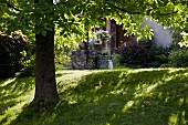 Lawn under shady horse chestnut canopy in front of rustic house
