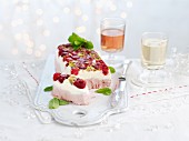 Semi freddo with raspberries, white chocolate and pistachios