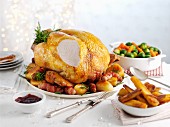 Roast turkey, slices, with sides for Christmas dinner