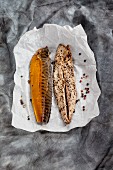 Smoked mackerel with coarsely ground pepper and coloured peppercorns