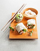 Rice paper rolls with chicken and a dip