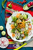 A colourful vegetable salad with radishes, carrots and cucumber
