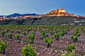 Das Dorf San Vicente de la Sonsierra mit Weinberg bei Abenddämmerung, La Rioja, Spanien