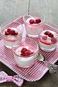 Glasses of vanilla yoghurt and raspberries on gingham tray