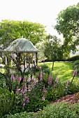 Foxgloves growing in park-like garden; summerhouse in background