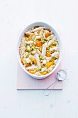 Sweet potato orzo pasta bake with apricots and pistachios