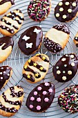 Cheerful Easter biscuits decorated with dark chocolate
