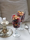 A wild berry salad with caramel sauce and crumbles