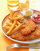 Breaded chicken fillets served with fries, honey-mustard and ketchup
