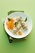 Turkey roulade with cream cheese, carrots and mashed potatoes