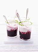 Cold blackberry soup topped with creme fraiche