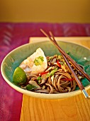 Japanese buckwheat noodles with mushrooms, limes and monk fish fillet