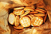 A bag of salted crackers (seen from above)