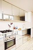 Stylish designer kitchen with mirrored cupboard doors