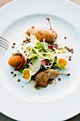 Bitter lettuce and lentils with quail and poached quail's eggs