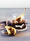 Chocolate sponge cake with pears and cream