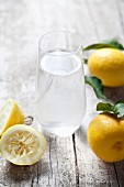 Ein Glas Zitronenwasser und frische Zitronen