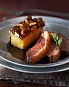 Duck breast with a polenta-fruit slice