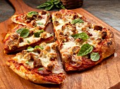A rustic pizza with sausage, cheese and basil