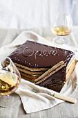 Gateau Opera (layered cake with chocolate glaze)