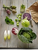 Various types of vegetables on a wooden surface (artichokes, fennel, cabbages, radicchio, chicory and winter spinach)