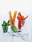 Vegetable crudités with a pea and chilli dip