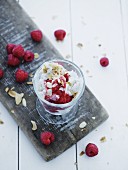 Vanilleeis mit Himbeeren und gerösteten Mandelblättchen