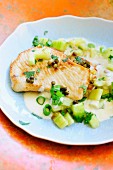 Turkey steak with green pepper and a cucumber medley