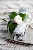 weiße Gardenienblüte als Tischdeko auf gerollter Leinenserviette